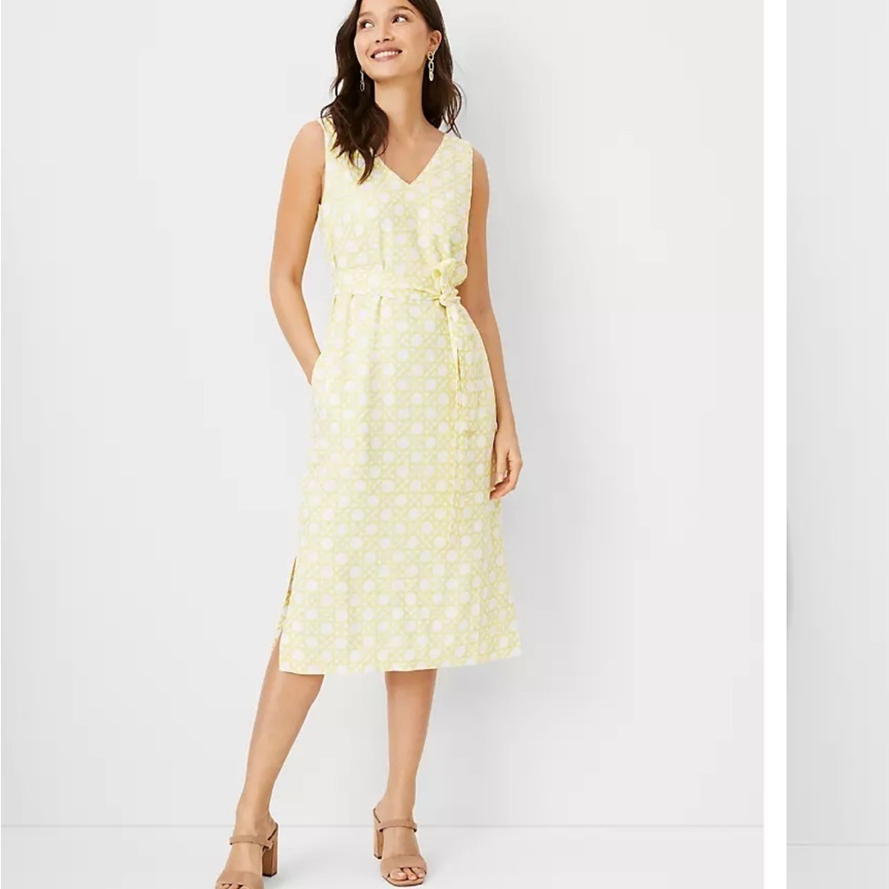 NEW Ann Taylor Yellow/White Rattan Print Tie Waist Sheath Dress Size 10